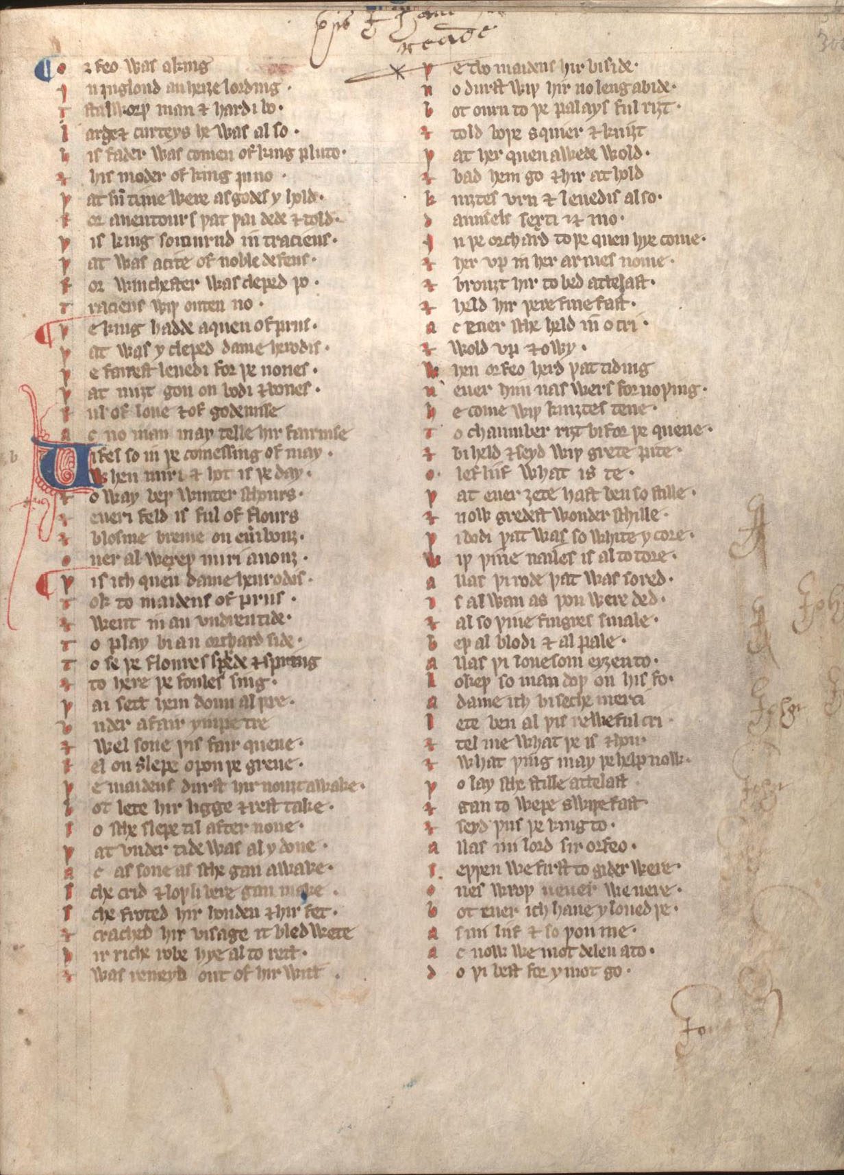 The first page of w:Sir Orfeo , taken from the w:Auchinleck manuscript