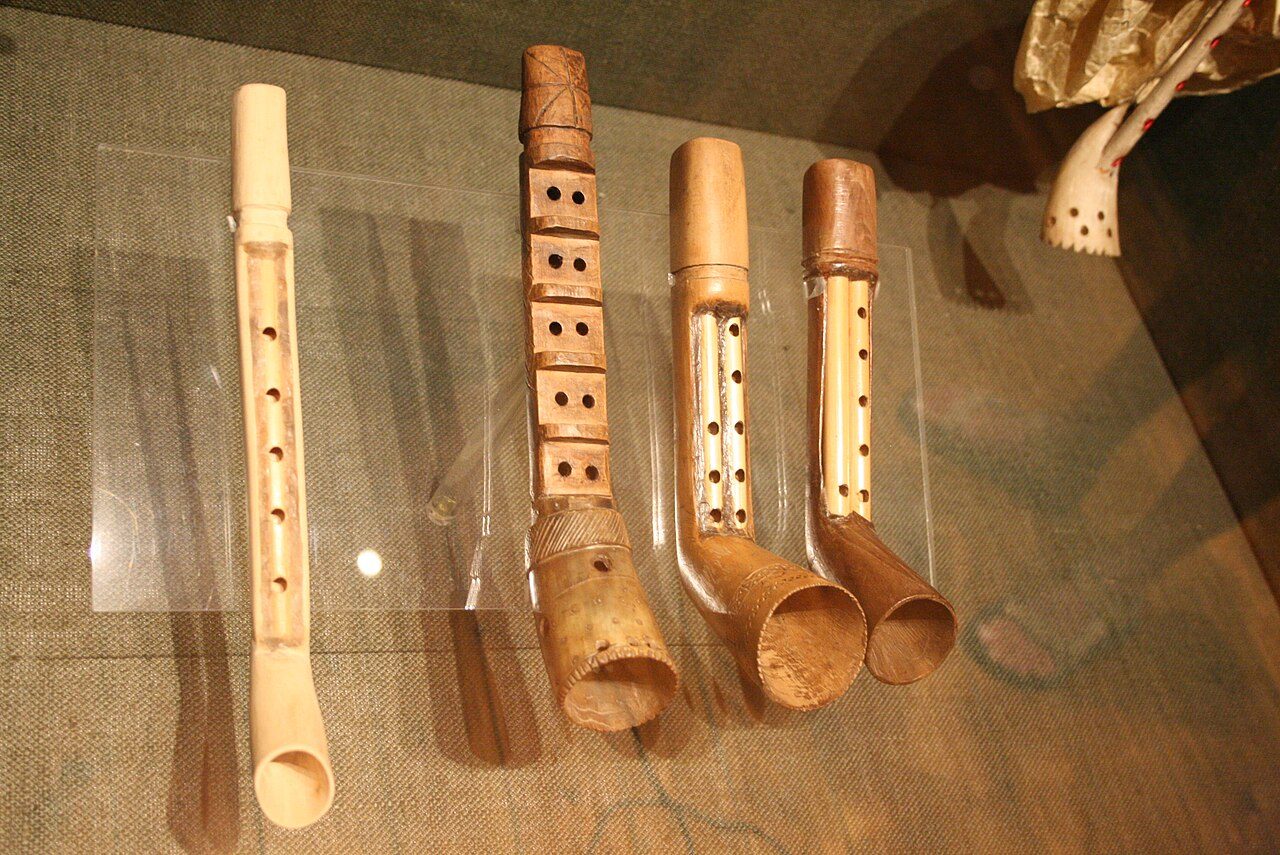 Tsambouna/Askomandoura (greek islands bagpipes) pipes in the Museum of Greek Folk Instruments in Athens. From left to right: Ikaria, Cephalonia, Kalymnos, Karpathos