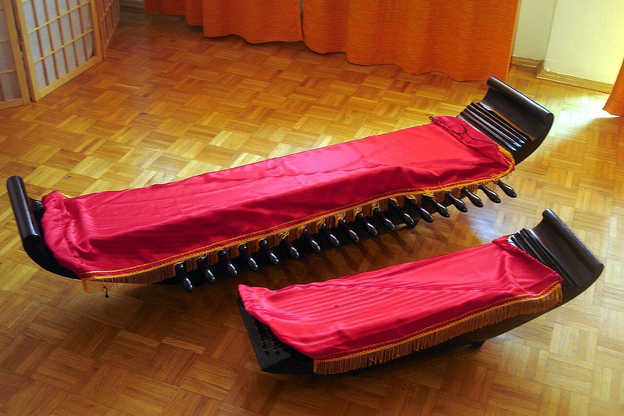 Kacapi indung and kacapi rincik covered with red silk cloth