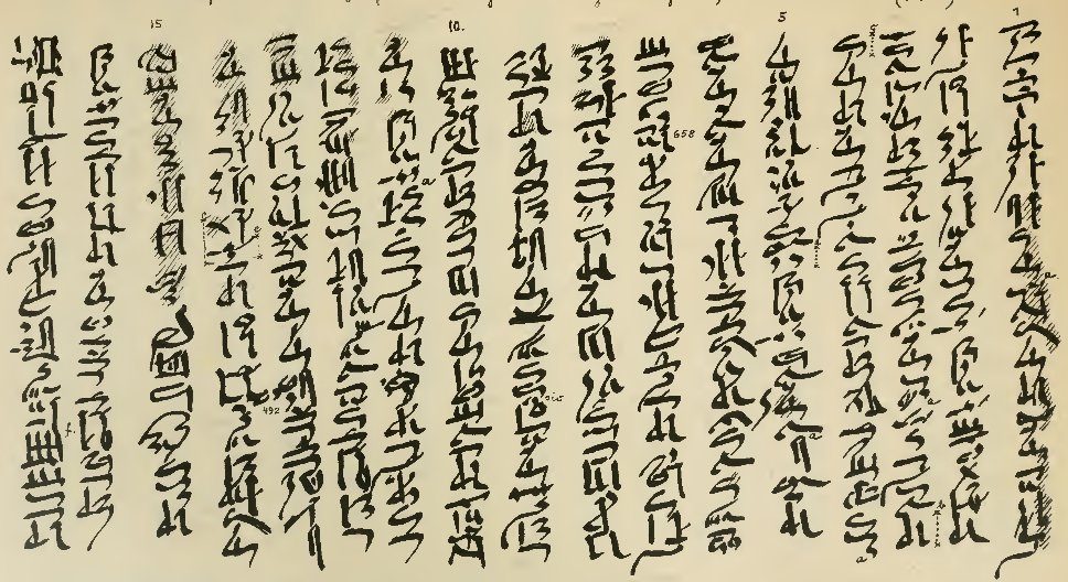 Beginning of Papyrus Berlin 3022, which contains the history of Sinuhe, an ancient Egyptian narrative from the Middle Kingdom (12. Dynasty, ca. 1800 BC) as a facsimile by Georg Möller (Hieratic reading pieces).