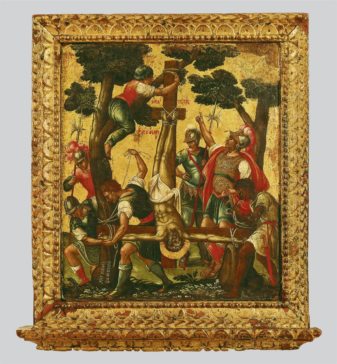 The icon presents the scene of the Martyrdom of Saint Peter who was crucified upside down. It was painted by Michael Damaskenos, one of the most important Cretan artists of the 16th c. The painter narrated the episode of the Crucifixion of Saint Andrew in a way that reminds the…
