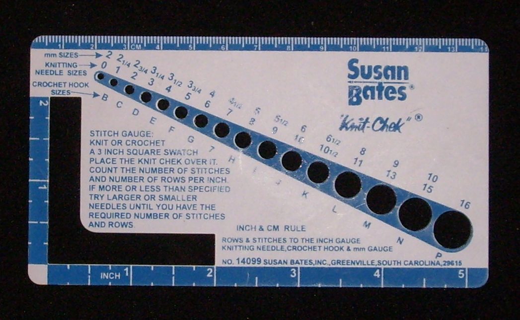 A hook gauge (aka needle gauge) for measuring crochet hooks and knitting needles.