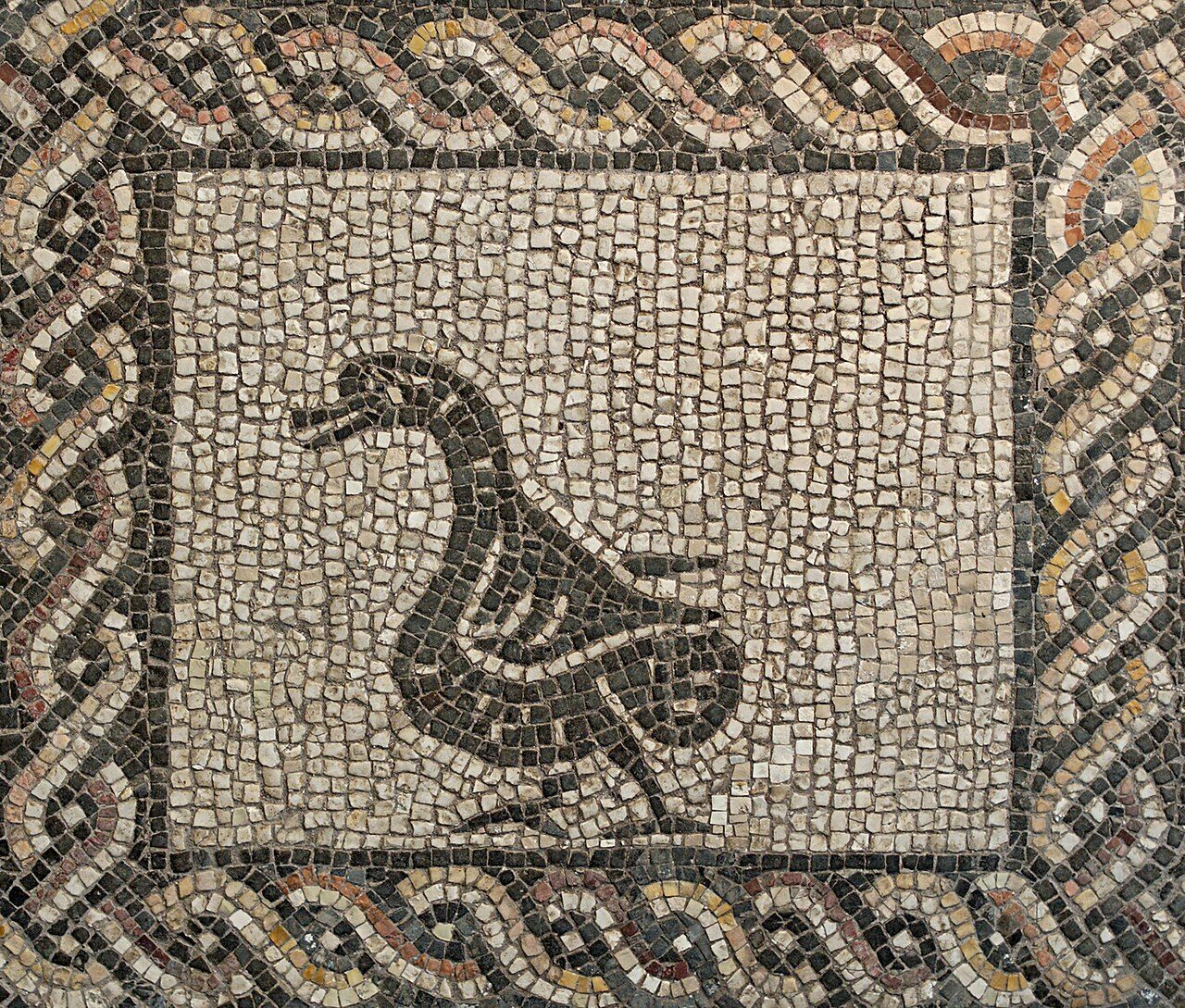 Pavement mosaic with a duck. Roman artwork, 3rd century CE. From the area of the Monte della Giustizia in Piazza della Stazione Termini, in Rome.