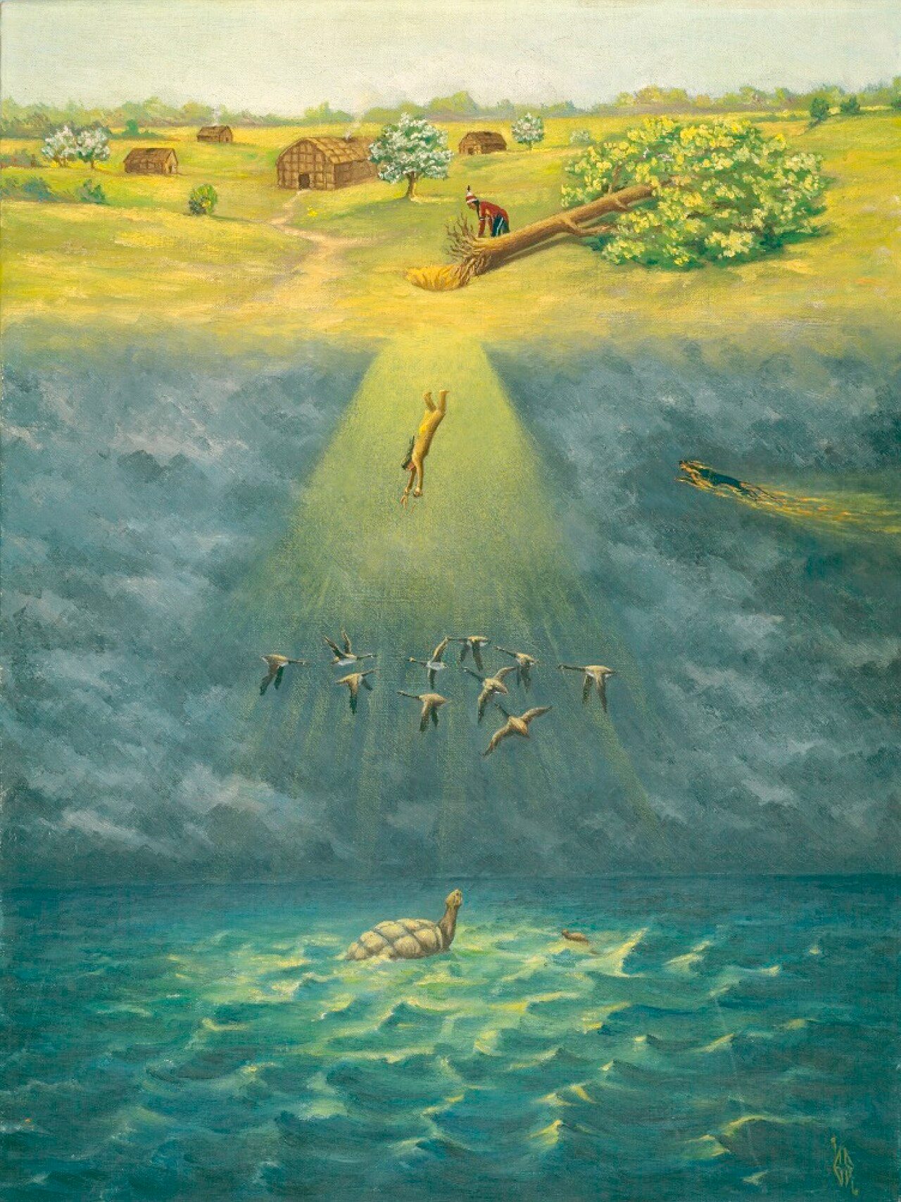 Sky Woman , by Ernest Smith. 1936. Produced as part of the "Indian Arts Project" Federal Art Project. Collection of the Rochester Museum and Science Center, Accession # 36.331.1