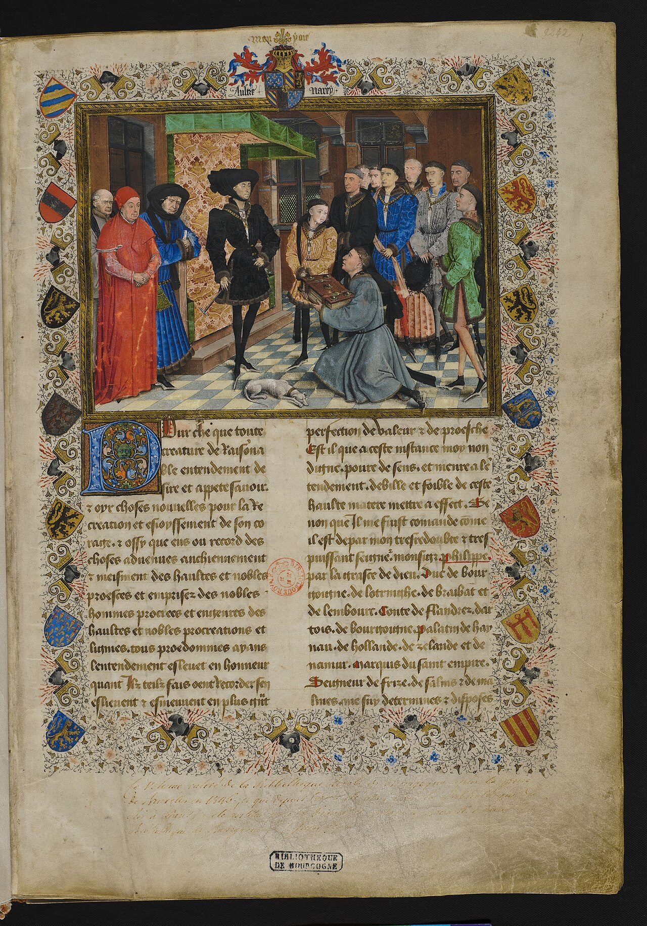 frontispiece of the Chroniques de Hainaut Depicted people: Jean Wauquelin, Philippe le Bon, Charles le Téméraire, Nicolas Rolin and Jean Chevrot