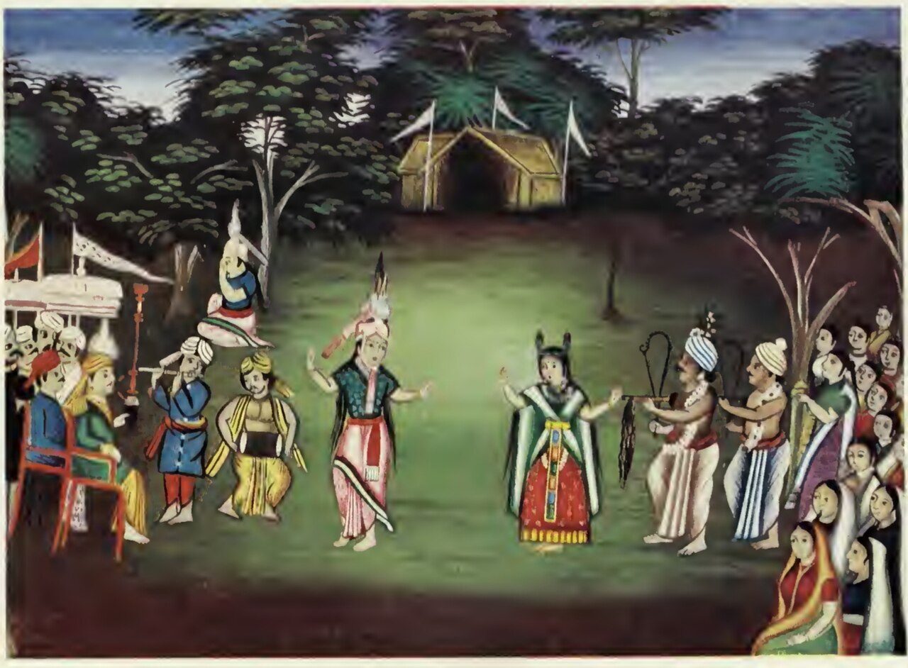 A contemporary Manipuri/Meitei art painting depicting the dance performed by Khuman Khamba and Moirang Thoibi in the pantheon of God Thangjing (Thangching) in Keke Moilang (Kege Moirang) kingdom.