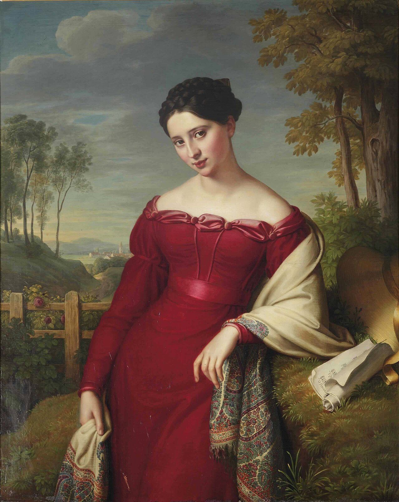 Potrait of a young elegant lady, three-quarter length, in a red dress with an embroidered shawl, standing in a landscape label QS:Len,"Potrait of a young elegant lady, three-quarter length, in a red dress with an embroidered shawl, standing in a landscape"