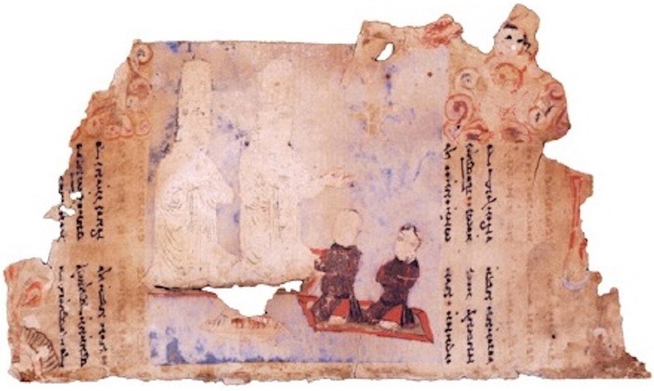 Fragment of Uyghur Manichaean service book illuminated with Salvation of the Light with God’s Hand . Kocho, mid 9th / early 11th century (MIK III 4974 recto, Asian Art Museum, Berlin).