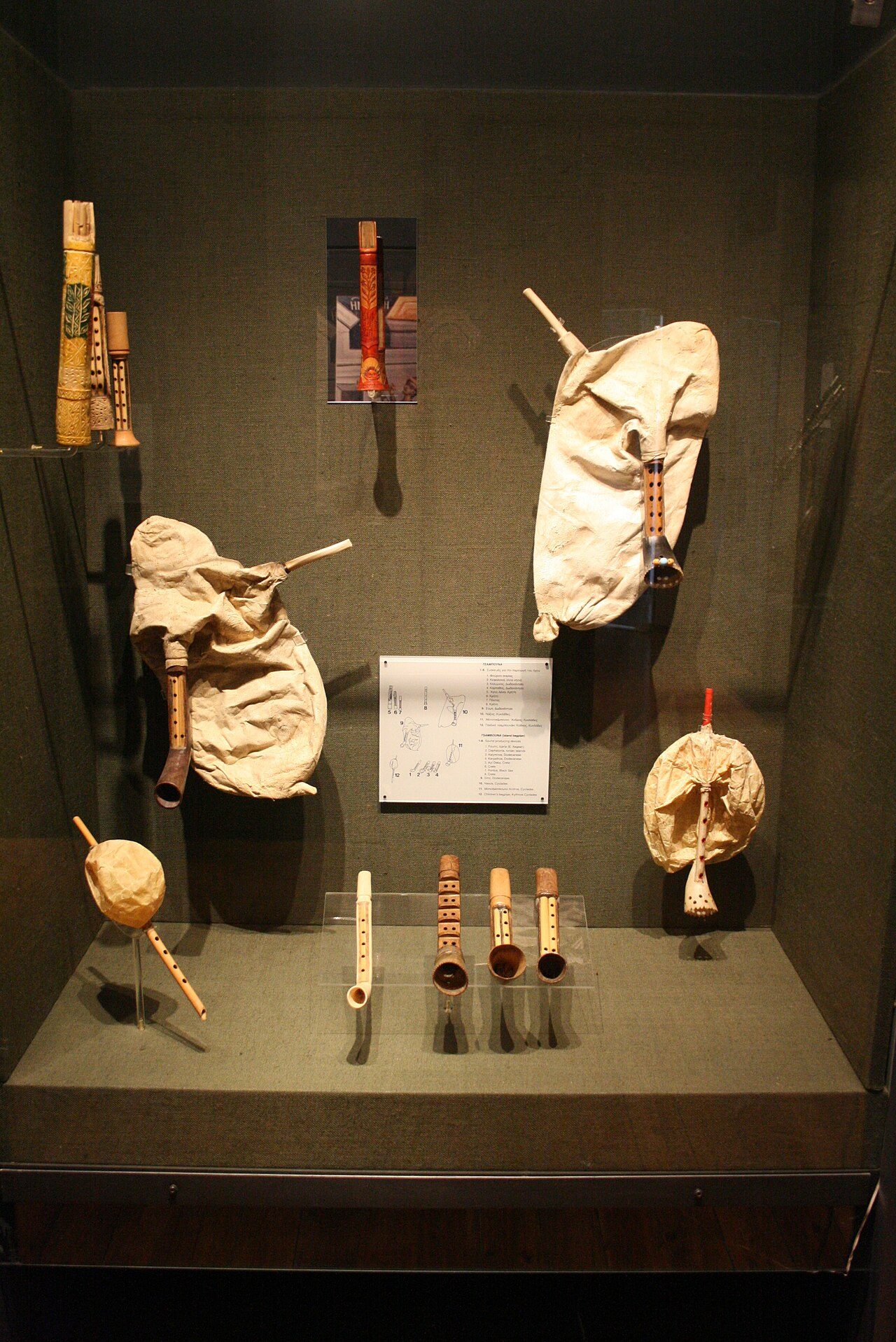 Different types and pipes of Tsambouna (traditional greek island bagpipes), coming from Cyclades and Dodecanese. In the Museum of Greek Traditional Music Instruments in Athens.