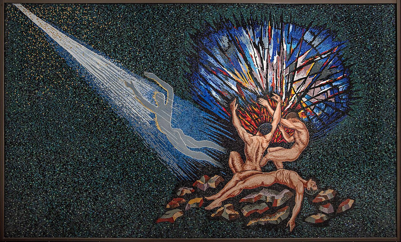 Mosaic mural created by Don Ross in 1959, now exhibited Anzac Square, Brisbane (photographed by Josie Huang, State Library of Queensland, 2019)