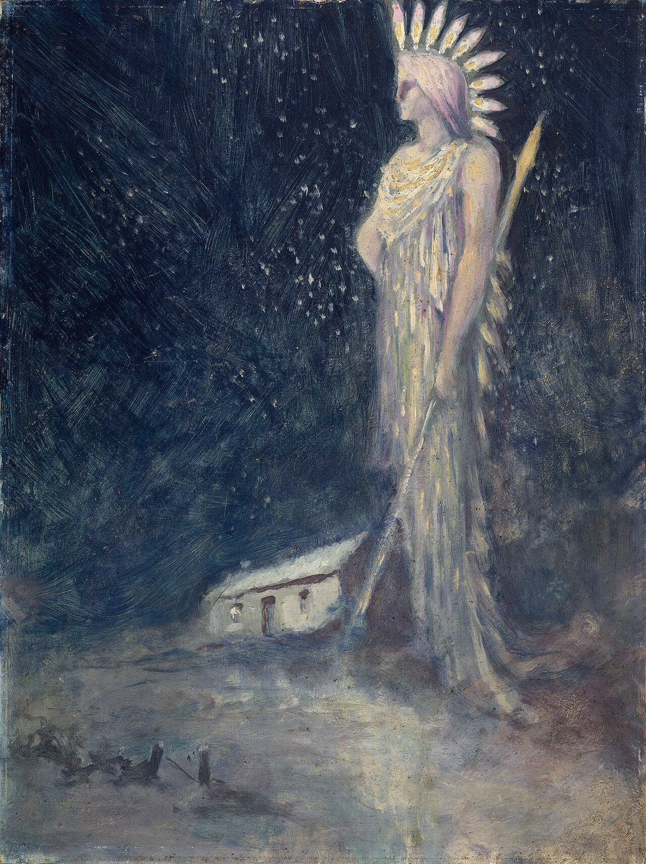 An oil painting, a full length portrait of a woman carrying a spear and wearing a feather headdress, standing in a landscape, a building in the distance.