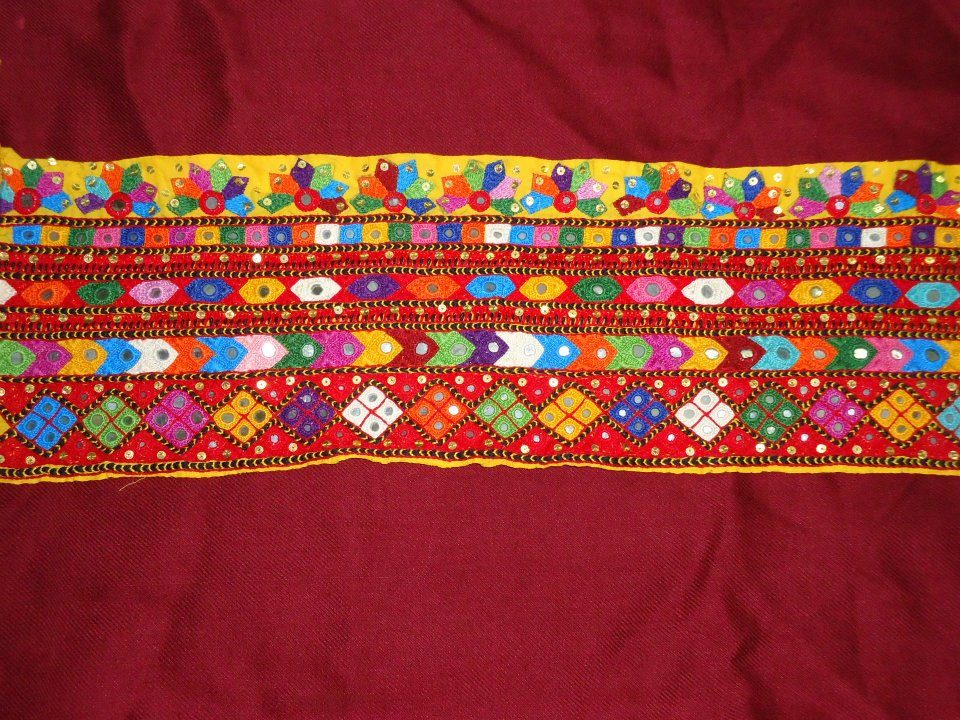 This is traditional sindhi embroidery, we call it GAJJ. Gajj contains of different sindhi stitches,multi color threads and different size small mirrors, that used in traditional sindhi embroidery.I embroidered it in 1993.I stitched many sindhi stitches in it like GAANO, AAOK'A,…