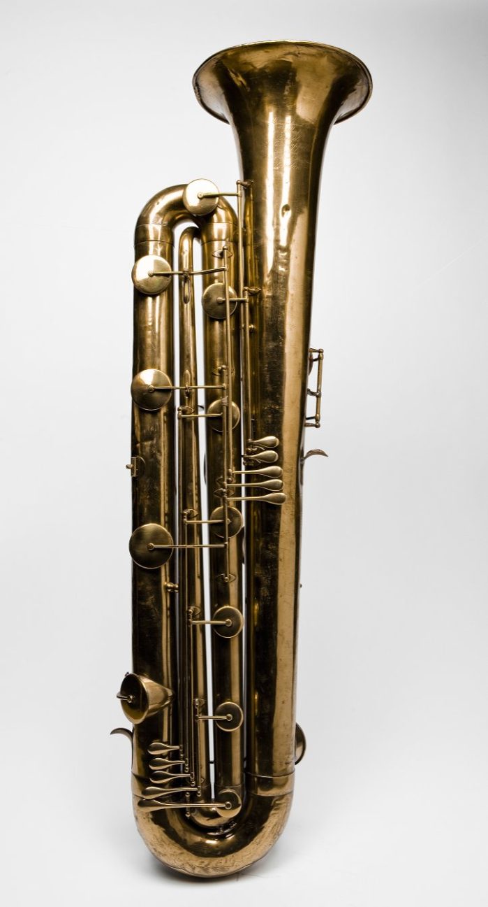Reed contrabass in E♭ built 1880-1900 by J. Albert, Brussels. In the collection of St Cecilia's Hall Concert Room & Music Museum, Musical Instruments Museums Edinburgh. Photographed by Dominic Ibbotson. Licensed CC-BY, attribution "University of Edinburgh"; accession number 1706.